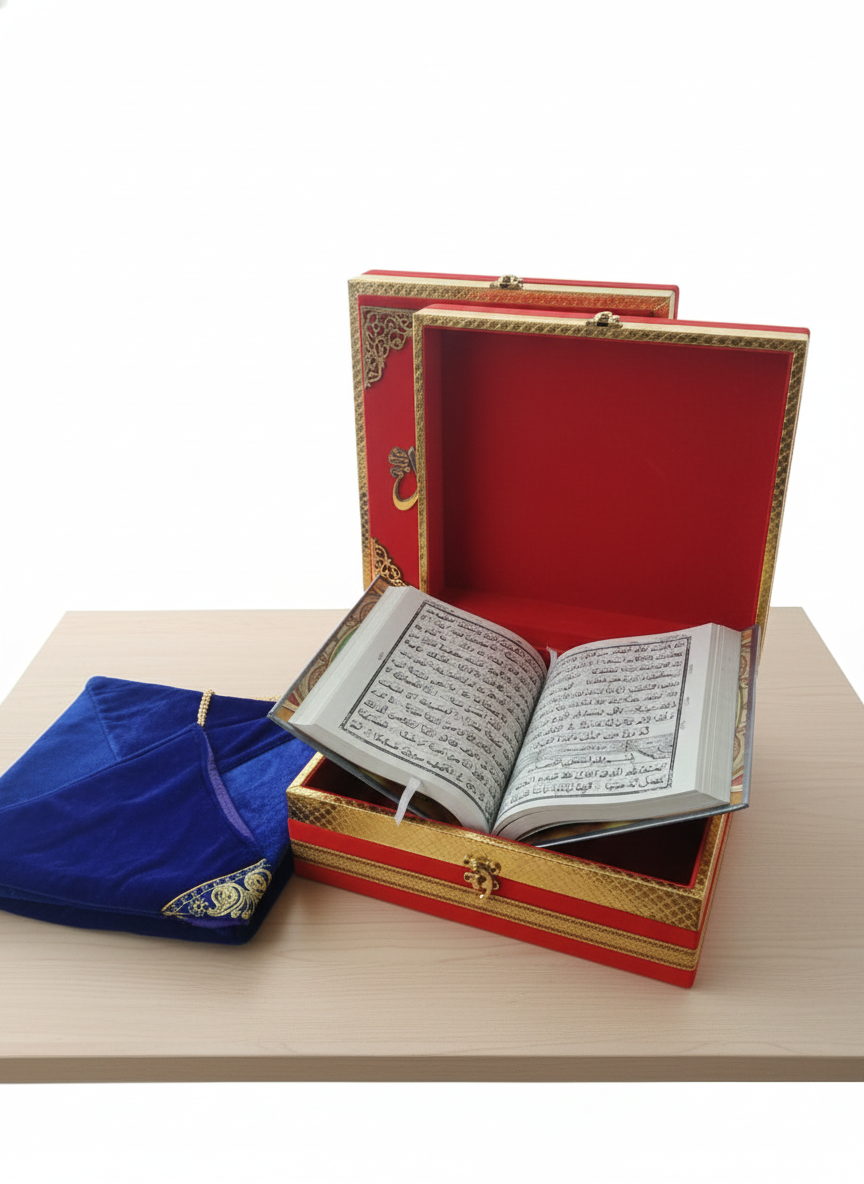 Premium Red Velvet Holy Quran Gift Box with Protective Blue Velvet Cover
