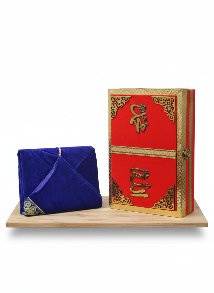 Premium Red Velvet Holy Quran Gift Box with Protective Blue Velvet Cover