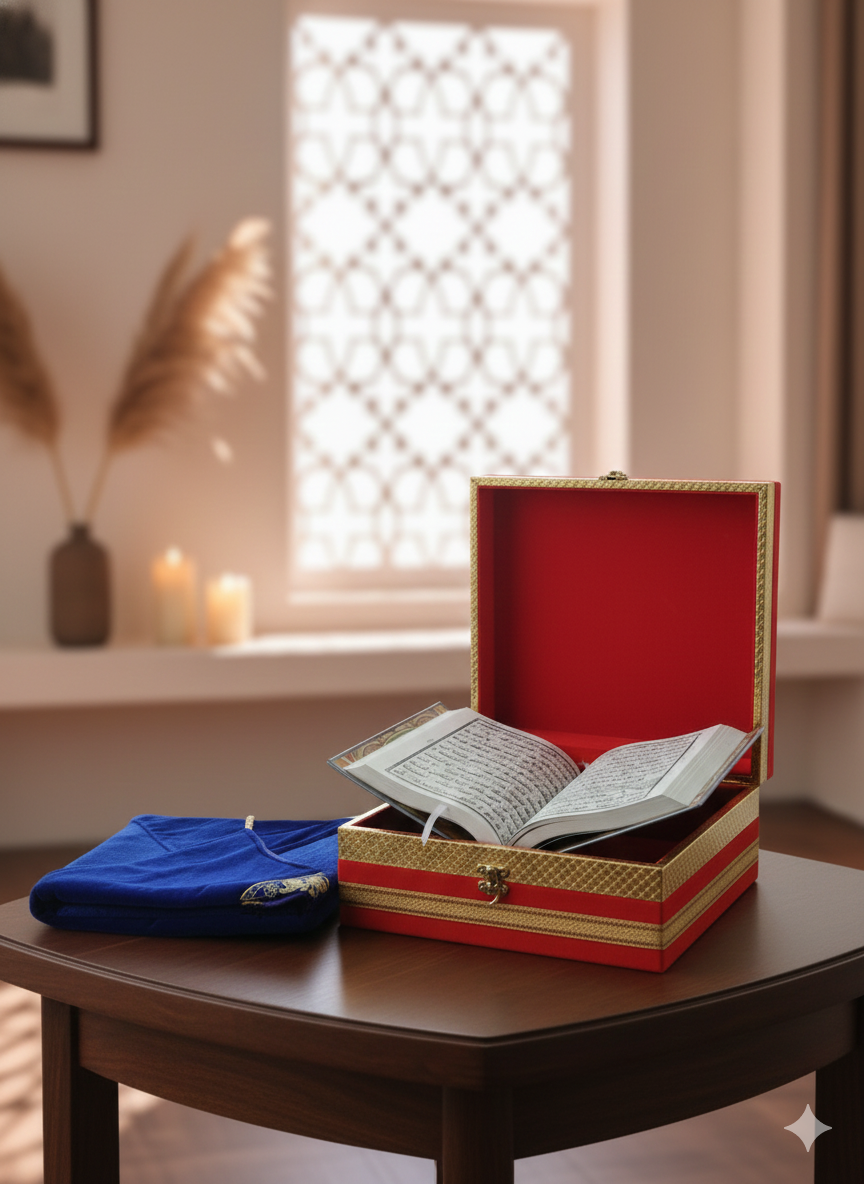 Premium Red Velvet Holy Quran Gift Box with Protective Blue Velvet Cover