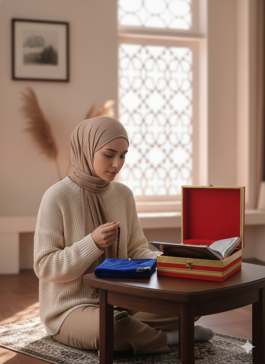 Premium Red Velvet Holy Quran Gift Box with Protective Blue Velvet Cover